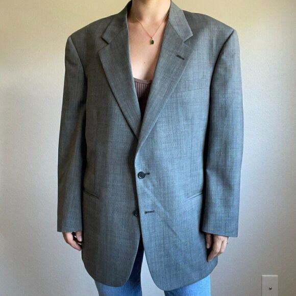 Vintage Mens Burberry Gray Single Breast 100% Wool Oversized Blazer Sz XXL - Picture 5 of 9